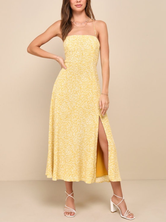 Lulus Dresses & Skirts - Lulus Charming Dedication Yellow Floral Sleeveless Lace-up Midi Dress - Size S